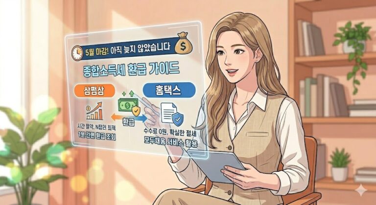 태블릿으로 수수료 없는 홈택스 모두채움 서비스를 이용해 5월 종합소득세 환급 신고를 간편하게 완료하는 화면을 묘사한 여성 전문가 웹툰 일러스트.