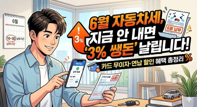 위택스 앱으로 6월 자동차세 1기분 납부 기한과 카드 혜택, 연납 할인을 확인하는 남성 일러스트 블로그 썸네일 이미지