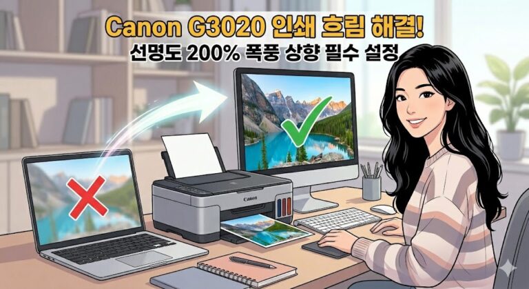 노트북의 흐린 인쇄 품질 문제를 해결하고, 캐논 G3020 프린터에서 선명한 결과물이 출력되는 과정을 직관적으로 보여주는 웹툰 스타일 썸네일.