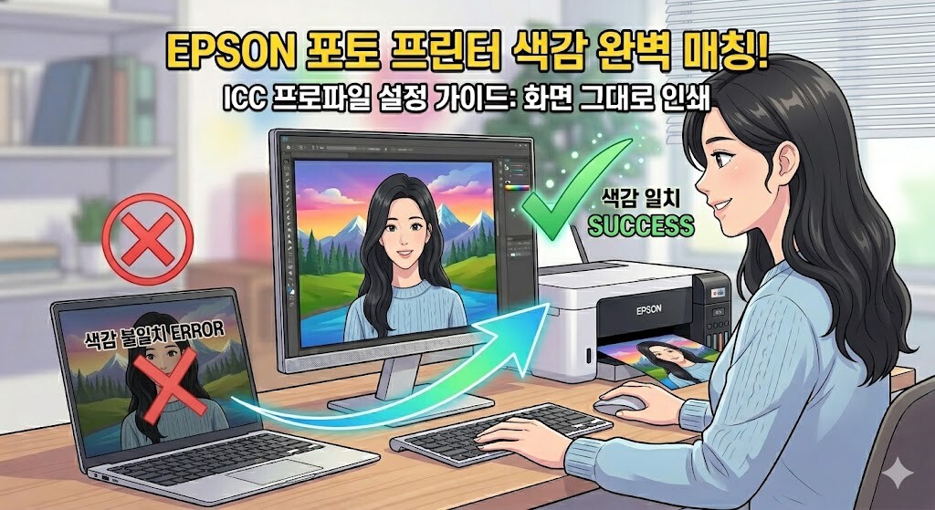 노트북의 색감 불일치 문제를 해결하고, 모니터 화면과 EPSON 포토 프린터의 인쇄물 색감이 똑같이 출력되는 모습을 직관적으로 보여주는 웹툰 스타일 썸네일.