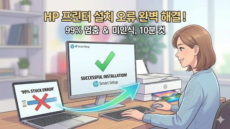 노트북의 HP Easy Start 99% 멈춤 오류를 해결하고 모니터와 HP 프린터에서 설치를 완료해 정상 출력되는 모습을 보여주는 웹툰 스타일 썸네일.
