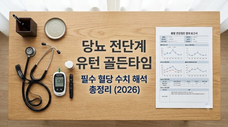 공복혈당 및 당화혈색소의 당뇨 전단계 수치 해석 기준을 다룬 건강검진 결과 보고서와 청진기가 정갈하게 놓인 썸네일 이미지
