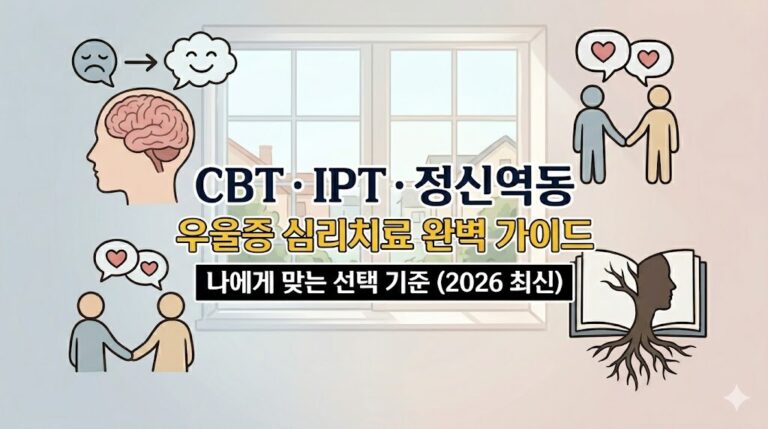 맑은 창문 배경의 중앙에 CBT IPT 정신역동 우울증 심리치료 완벽 가이드 나에게 맞는 선택 기준이라는 안내 텍스트가 배치되어 있고 주변에 인지행동치료 대인관계치료 정신역동치료의 상징 아이콘들이 정갈하게 구성된 웹툰 스타일의 썸네일 이미지