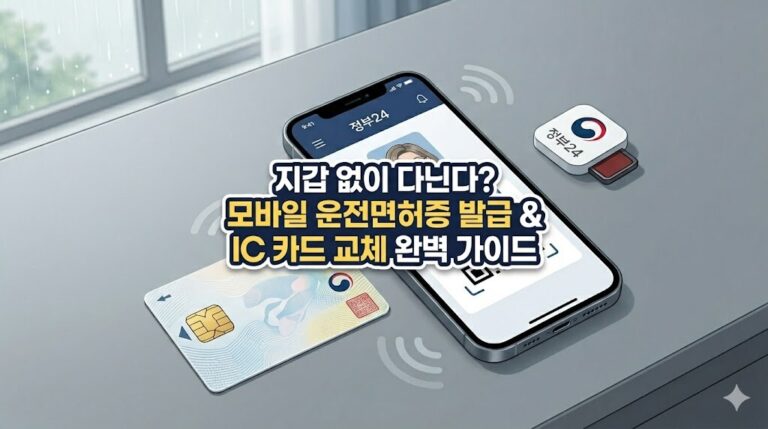 테이블 위에 놓인 스마트폰의 정부24 화면과 IC 운전면허증 카드 위에 지갑 없이 다닌다 모바일 운전면허증 발급 및 IC 카드 교체 완벽 가이드라는 안내 텍스트가 중앙에 정갈하게 배치된 웹툰 스타일의 썸네일 이미지