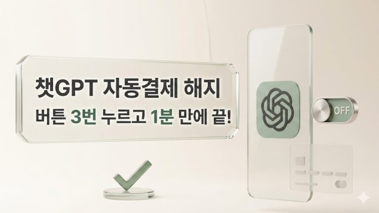 우측에 챗GPT 로고가 있는 투명한 화면과 자동결제 해지를 뜻하는 'OFF' 스위치, 신용카드가 세련된 3D 그래픽으로 배치되어 있는 챗GPT 자동결제 해지 방법 안내 썸네일 배경
