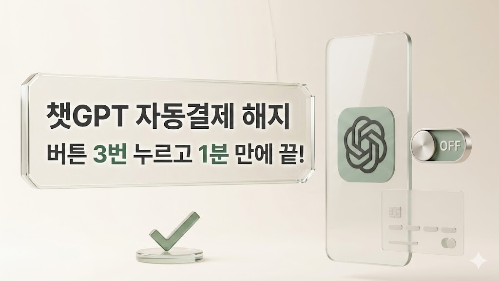 우측에 챗GPT 로고가 있는 투명한 화면과 자동결제 해지를 뜻하는 'OFF' 스위치, 신용카드가 세련된 3D 그래픽으로 배치되어 있는 챗GPT 자동결제 해지 방법 안내 썸네일 배경
