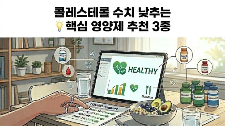 콜레스테롤 수치 낮추는 방법, 고지혈증 영양제 추천, 오메가3 홍국 폴리코사놀 핵심 제품 3종 비교, 웹툰풍 식탁 일러스트
