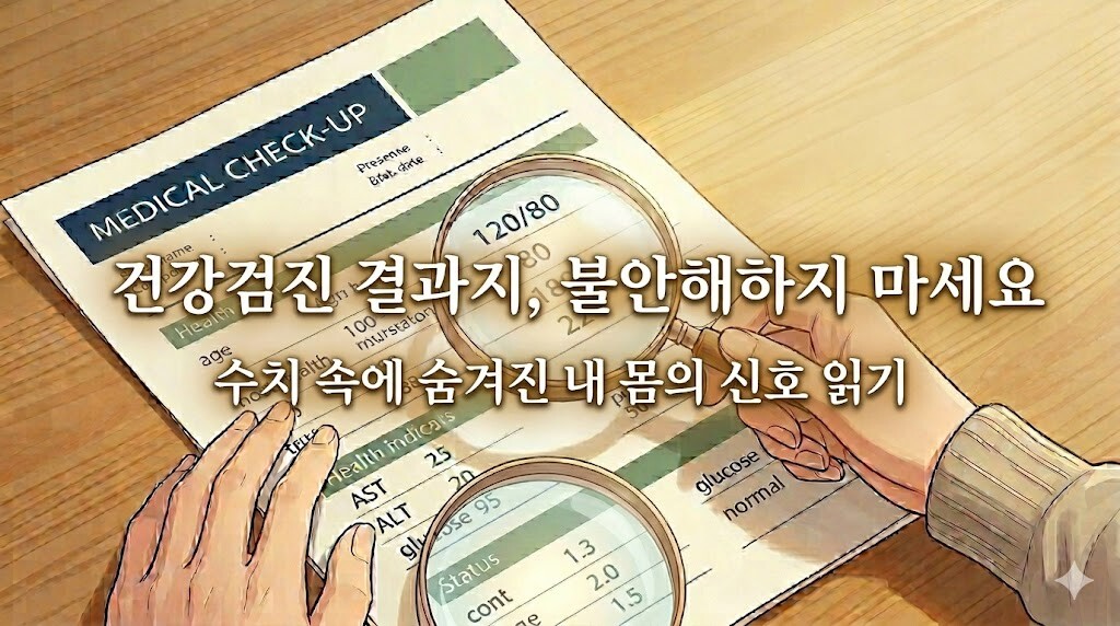 건강검진 결과지를 돋보기로 살피는 손 일러스트, '건강검진 결과지, 불안해하지 마세요'라는 문구가 적힌 수치 해석 시리즈 안내 썸네일
