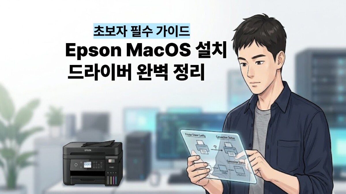 터 인식 오류 해결, 정갈한 웹툰풍 반실사 일러스트 썸네일, IT 전문가 캐릭터, 정보성 블로그 대표 이미지