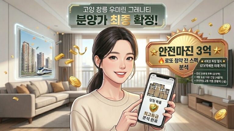 고양 창릉 우미린 그레니티 분양가 및 청약 자격 정보를 스마트폰으로 확인하는 스마트한 여성 일러스트