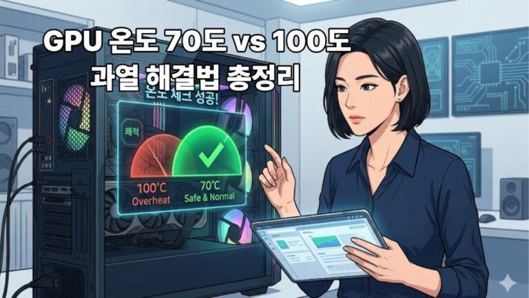 그래픽카드 온도를 점검하는 IT 전문가 캐릭터와 GPU 70도 정상 및 100도 과열 범위를 시각화한 웹툰풍 일러스트