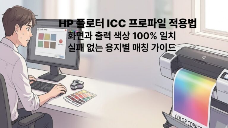 HP 플로터 ICC 프로파일 적용법 및 화면과 출력 색상 100% 일치' 타이틀 가이드 문구가 중앙에 정갈하게 배치된 블로그 대표 썸네일 이미지.