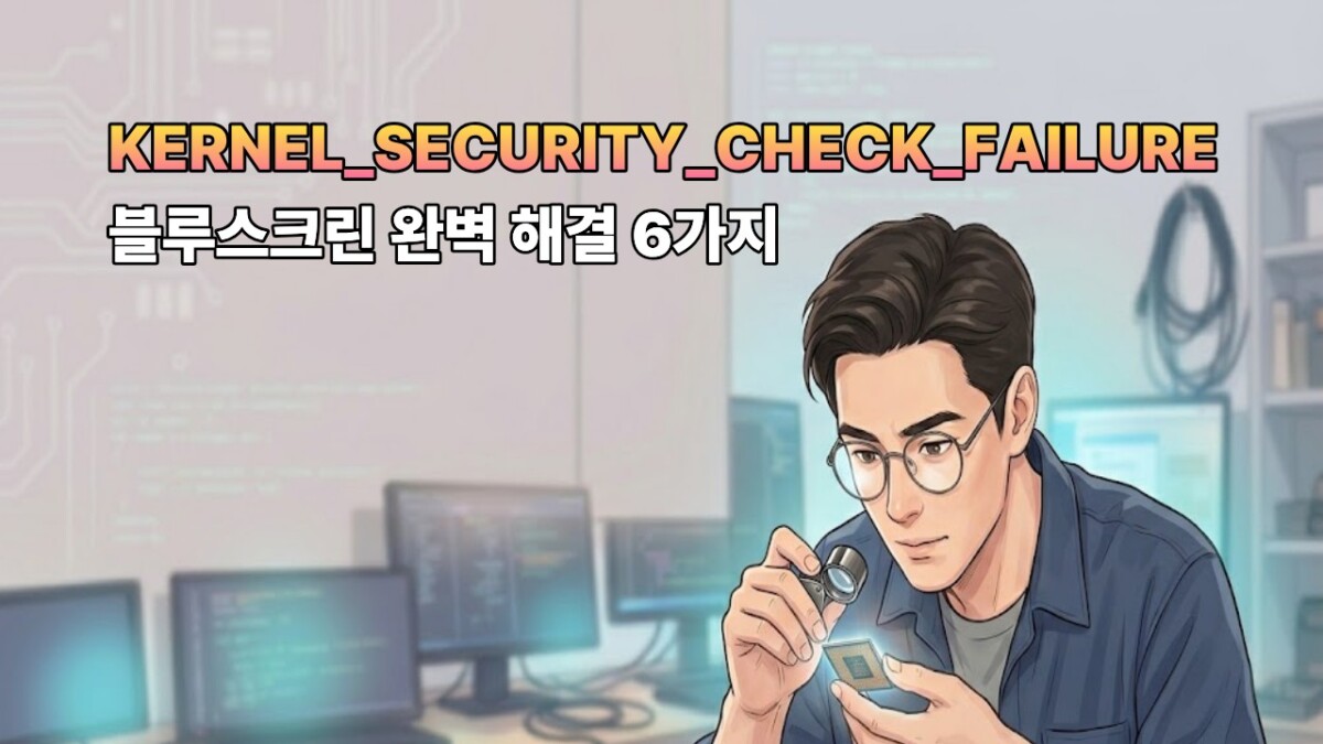 KERNEL_SECURITY_CHECK_FAILURE, 블루스크린 해결 방법, 0x00000139 오류, 윈도우 커널 보안 복구, sfc scannow, dism 복원, chkdsk 디스크 점검, 정갈한 웹툰풍 일러스트 썸네일, IT 전문가 캐릭터, 정보성 블로그 대표 이미지