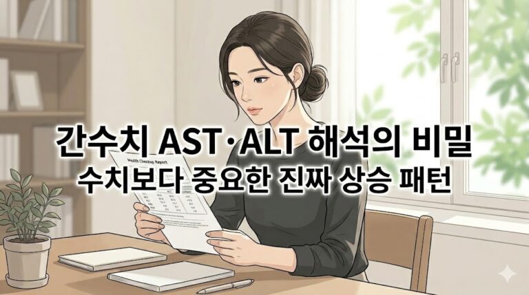 간수치 해석의 비밀 텍스트가 중앙에 배치된 건강검진 리포트 속 간기능 수치를 확인하는 여성