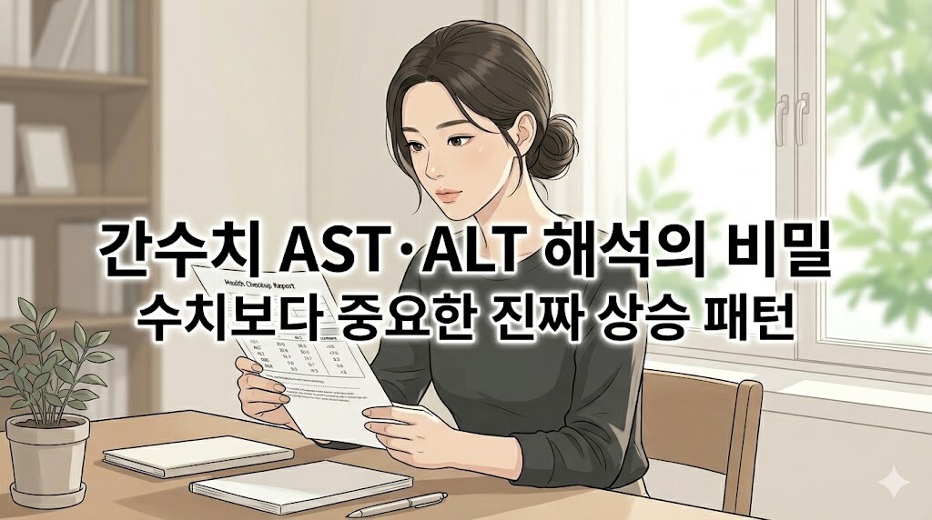 간수치 해석의 비밀 텍스트가 중앙에 배치된 건강검진 리포트 속 간기능 수치를 확인하는 여성