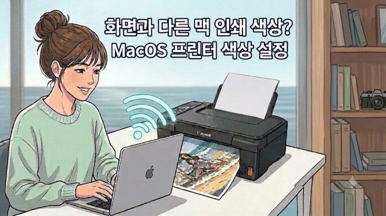 화면과 다른 맥 인쇄 색상? MacOS 프린터 색상 설정' 문구가 중앙에 배치된 맥북과 캐논 프린터 일러스트.