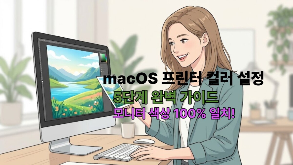macOS 프린터 컬러 설정을 통해 모니터 화면과 실제 출력물의 색상을 100% 일치시킨 후 만족스러워하는 여성 전문가의 웹툰 일러스트