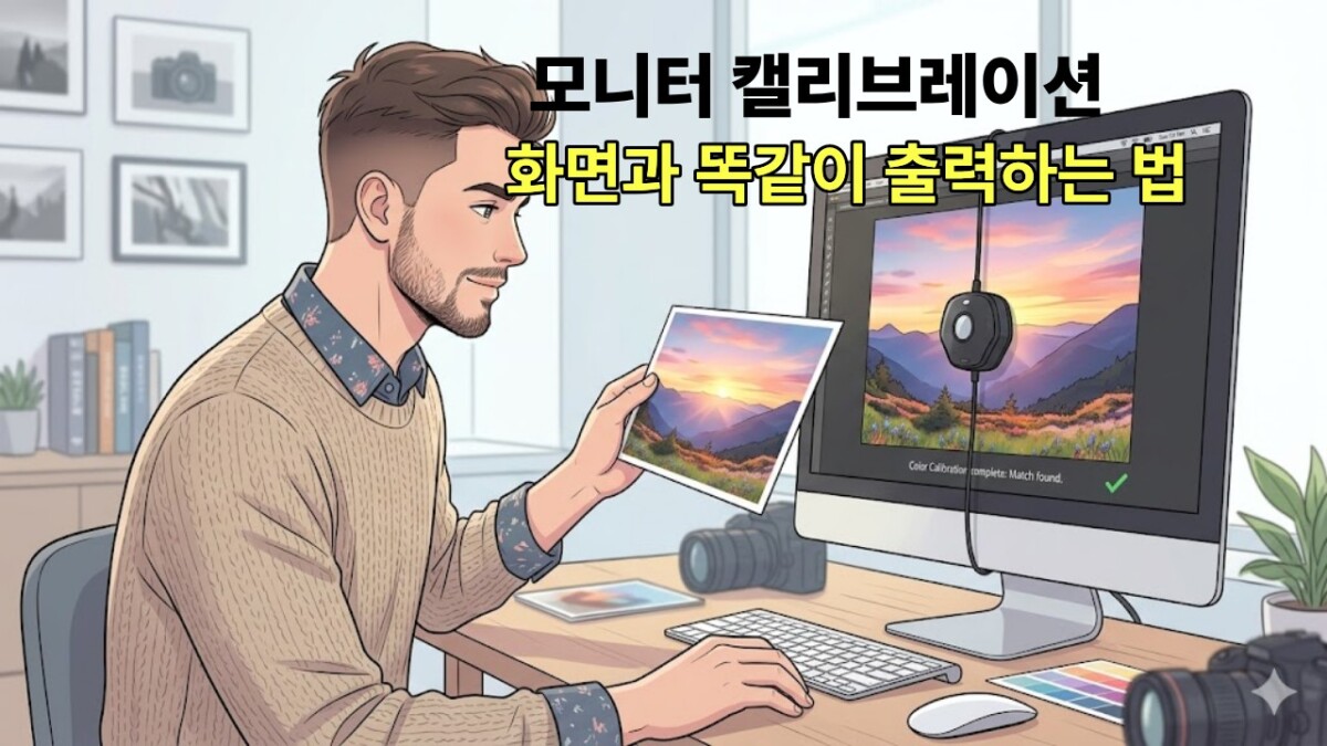 남성이 모니터 화면에 하드웨어 센서를 부착하여 모니터 캘리브레이션을 진행하며, 손에 든 실제 풍경 사진 출력물과 화면의 색상을 꼼꼼하게 비교하고 있는 일러스트