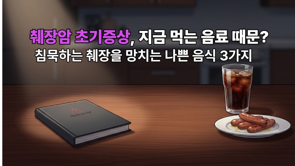 어두운 나무 책상 위에 액상과당 음료와 가공육 접시, 그리고 붉은 경고 표시가 있는 건강 서책이 놓인 정갈한 웹툰풍 반실사 스타일의 췌장암 초기증상 및 췌장에 나쁜 음식 포스팅 대표 이미지