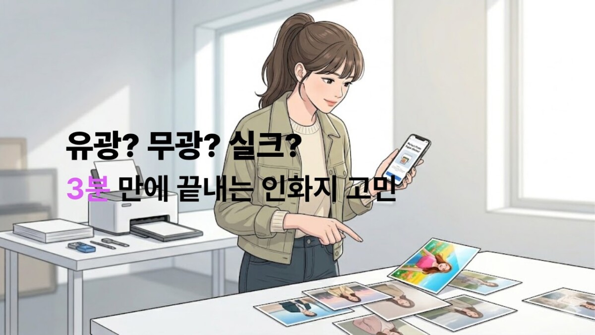 책상 위에서 포토 프린터로 출력한 유광, 무광, 반광 등 다양한 종류의 인화지를 비교하며 고민하는 모습
