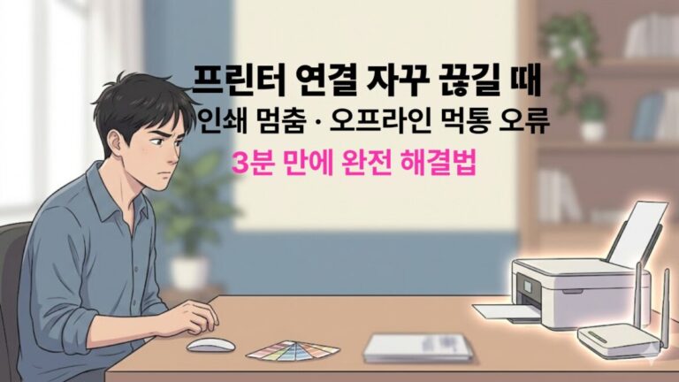 '프린터 연결 자꾸 끊길 때, 인쇄 멈춤 오프라인 먹통 오류 3분 만에 완전 해결법' 타이틀 문구가 중앙에 정갈하게 배치된 블로그 대표 썸네일 이미지.
