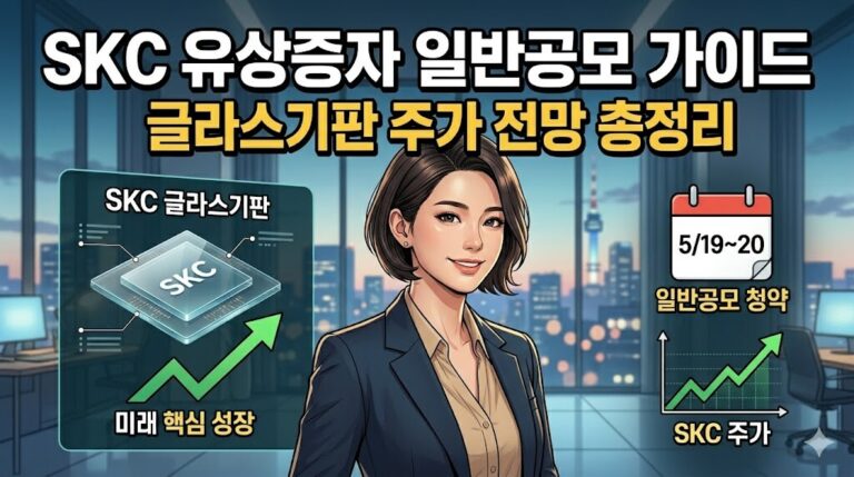 세련된 도시 야경 오피스를 배경으로 SKC 유상증자 일반공모 일정과 글라스기판 주가 전망을 전문적이고 직관적으로 소개하는 블로그 썸네일 일러스트