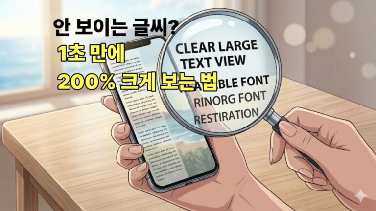 스마트폰의 작은 글씨가 돋보기 효과를 통해 크고 선명하게 커진 일러스트. 스마트폰 화면 확대 기능의 효과를 직관적으로 표현함.