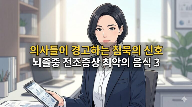 초여름 뇌졸중 초기증상 예방을 위해 의사들이 경고하는 침묵의 신호 뇌졸중 전조증상 최악의 음식 3 노란색과 흰색 글씨가 중앙에 배치된 30대 여성 컨설턴트 캐릭터의 정갈한 웹툰풍 반실사 일러스트 썸네일 이미지