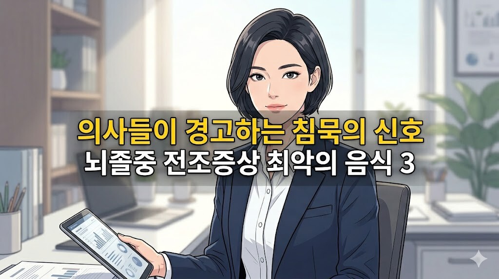 초여름 뇌졸중 초기증상 예방을 위해 의사들이 경고하는 침묵의 신호 뇌졸중 전조증상 최악의 음식 3 노란색과 흰색 글씨가 중앙에 배치된 30대 여성 컨설턴트 캐릭터의 정갈한 웹툰풍 반실사 일러스트 썸네일 이미지
