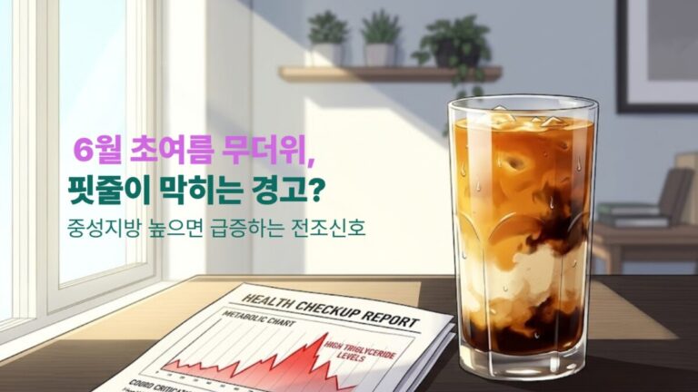 초여름 햇살이 비치는 창가 테이블 위 시원한 아이스커피와 붉은 경고 그래프가 그려진 건강검진 결과지가 놓인 정갈한 웹툰풍 반실사 일러스트