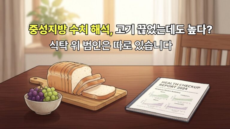 따뜻한 햇살이 비치는 나무 책상 위에 흰 식빵과 과일 접시, 그리고 대사 차트가 그려진 건강검진 결과지가 놓인 정갈한 웹툰풍 반실사 스타일의 중성지방 수치 해석 포스팅 대표 이미지