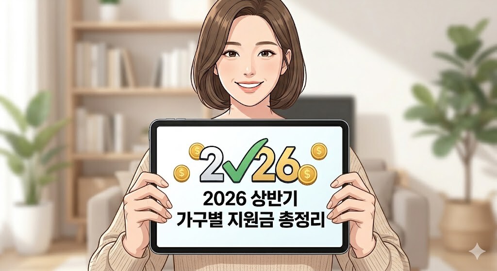 2026년 상반기 생활 지원금 총정리 포스팅의 대표 이미지. 단발머리를 한 여성이 '2026 지원금' 텍스트와 금화, 체크 표시가 띄워진 태블릿 화면을 양손으로 들고 정면을 바라보는 모습