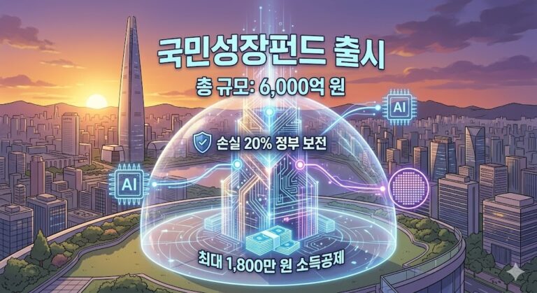 서울 도심 스카이라인을 배경으로 국민성장펀드의 핵심 정보를 홀로그램 인포그래픽으로 표현한 일러스트