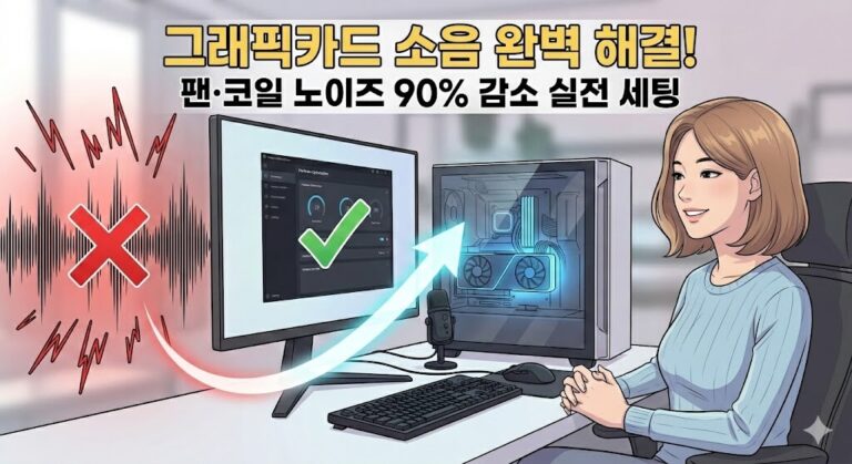 극심한 그래픽카드 팬 소음과 코일 노이즈를 해결하고 조용한 PC 세팅을 완료한 모습을 직관적으로 보여주는 웹툰풍 썸네일.