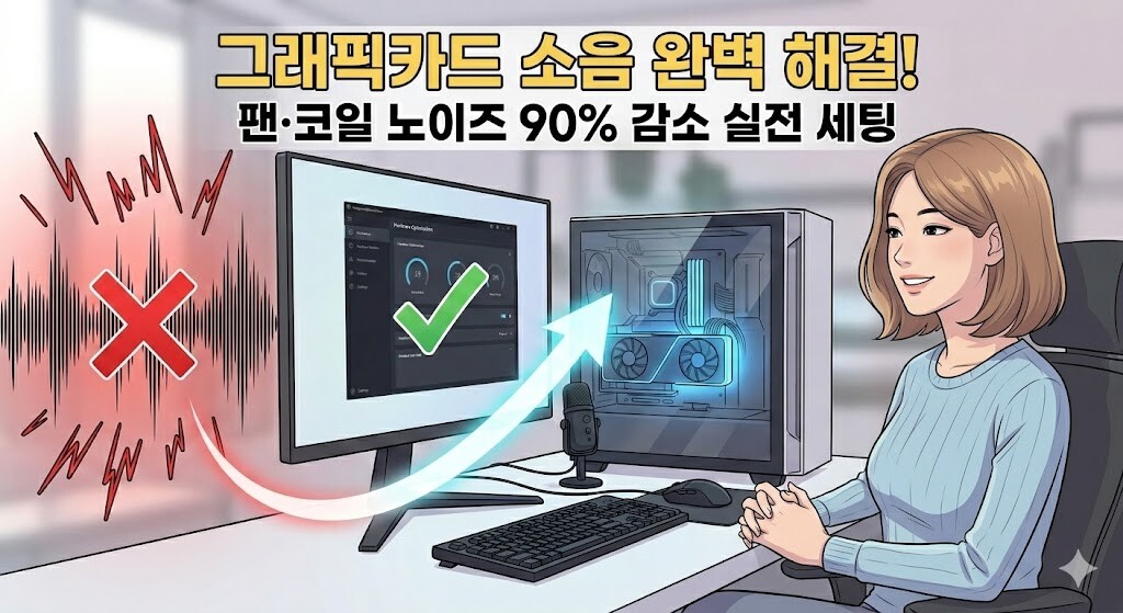극심한 그래픽카드 팬 소음과 코일 노이즈를 해결하고 조용한 PC 세팅을 완료한 모습을 직관적으로 보여주는 웹툰풍 썸네일.