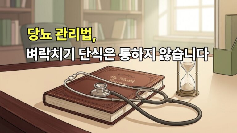 부드러운 햇살이 비치는 나무 책상 위 가죽 건강 기록 노트와 청진기, 모래시계 이미지 중앙에 당뇨병 관리법 벼락치기 단식은 통하지 않습니다 노란색과 흰색 글씨가 단정하게 정렬된 웹툰풍 반실사 썸네일 이미지