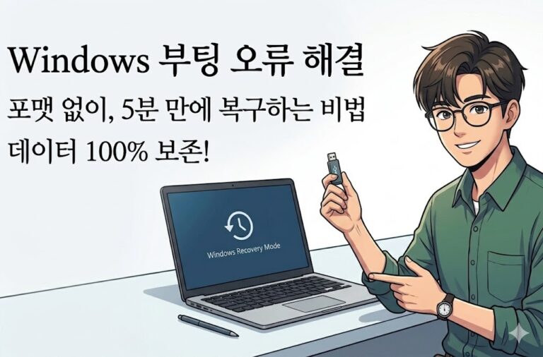 Windows 부팅 오류 해결을 위해 복구 USB를 들고 차분하게 모니터를 점검하는 전문가의 모습