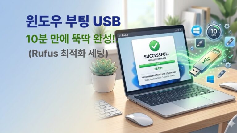 윈도우 부팅 USB 제작 도구인 Rufus 실행 화면과 성공 메시지를 담은 IT 블로그 썸네일 이미지.