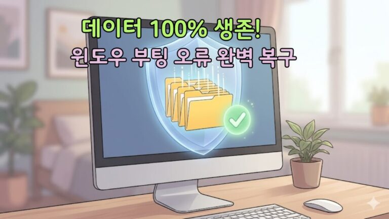 데이터가 안전하게 보호되며 윈도우 부팅 오류가 해결된 모니터 화면 일러스트