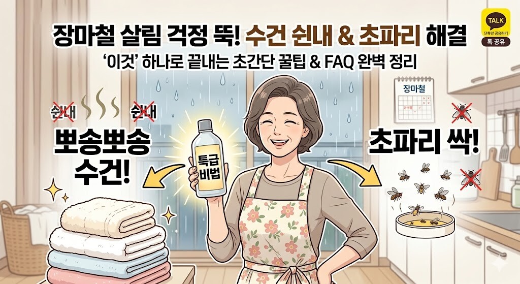 장마철 살림법 꿀팁으로 수건 쉰내 제거와 초파리 트랩 비법을 소개하는 주부 일러스트 블로그 썸네일 이미지