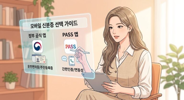 정부 모바일 신분증 앱과 PASS 앱의 운전면허증 및 주민등록증 발급 효력을 홀로그램으로 비교하는 여성 분석가 웹툰 일러스트.
