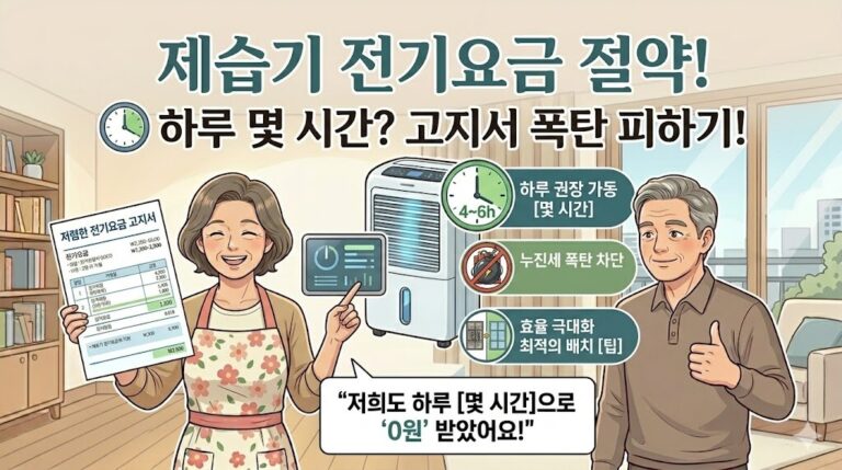 제습기 전기요금 폭탄을 피하기 위해 하루 4~6시간 가동, 누진세 차단 등 효율적인 사용 팁을 확인하고 저렴해진 고지서를 들고 환하게 웃는 중년 부부의 세련된 블로그 썸네일 일러스트