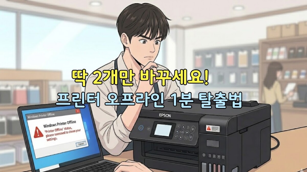 노트북 화면의 윈도우 프린터 오프라인 경고 메시지를 확인하며 기기 연결 상태를 점검하고 설정을 변경하려는 사장님 일러스트