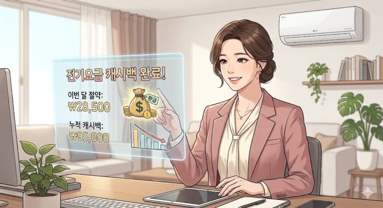 에어컨이 있는 거실을 배경으로, 한전 주택용 에너지 캐시백 환급액을 홀로그램으로 보여주며 미소 짓는 단정한 묶음 머리의 여성 전문가 웹툰 일러스트.