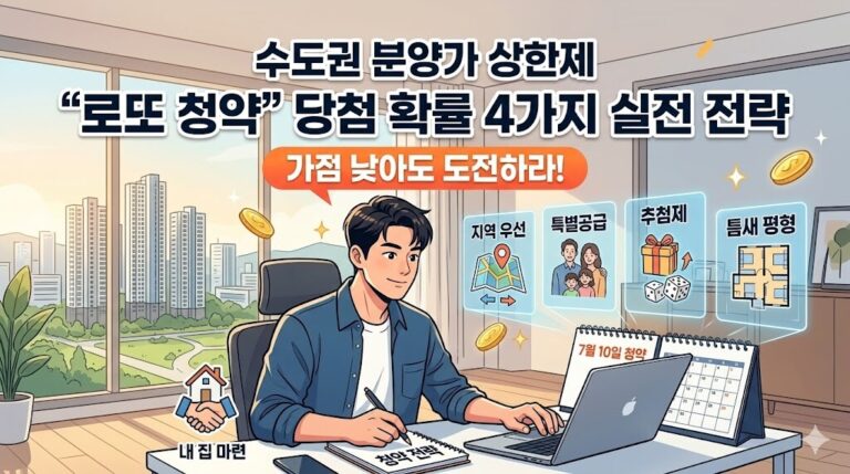 노트북으로 수도권 분양가 상한제 단지 로또 청약 전략을 분석하는 청년 일러스트와 4가지 실전 공략법 문구가 포함된 대표 썸네일 이미지