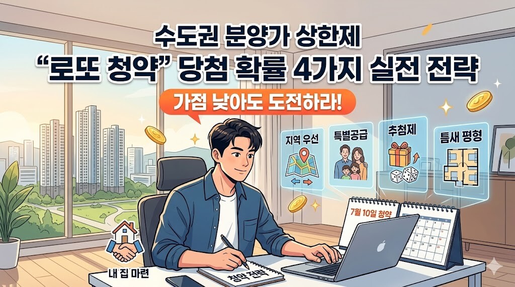 노트북으로 수도권 분양가 상한제 단지 로또 청약 전략을 분석하는 청년 일러스트와 4가지 실전 공략법 문구가 포함된 대표 썸네일 이미지