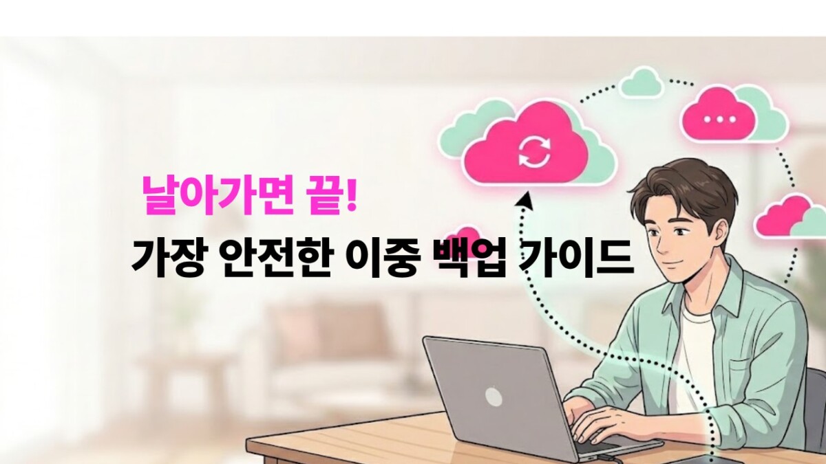 외장하드 데이터 백업 및 클라우드 자동 동기화 과정을 정갈한 웹툰 스타일로 표현한 썸네일 이미지