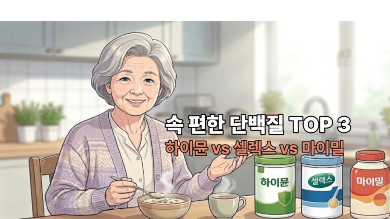 깨끗한 주방 식탁에서 온화하게 미소 짓고 있는 단정한 백발의 60대 한국인 노인 여성 일러스트와 식탁 위에 정갈하게 놓인 하이뮨, 셀렉스, 마이밀 브랜드 단백질 보충제 통 3개가 묘사된 텍스트 배치용 대표 이미지