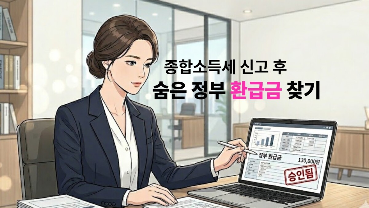 자영업자 종합소득세 신고 후 숨은 정부 환급금 찾기' 텍스트가 정갈하게 배치되어 있으며, 지적이고 차분한 분위기의 여성 전문가