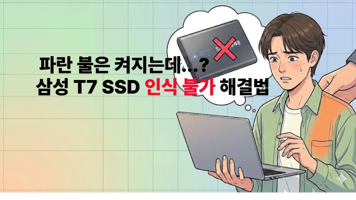 노트북 앞에서 삼성 SSD T7 외장하드 인식 안됨 증상으로 인해 당황해하는 남성의 모습